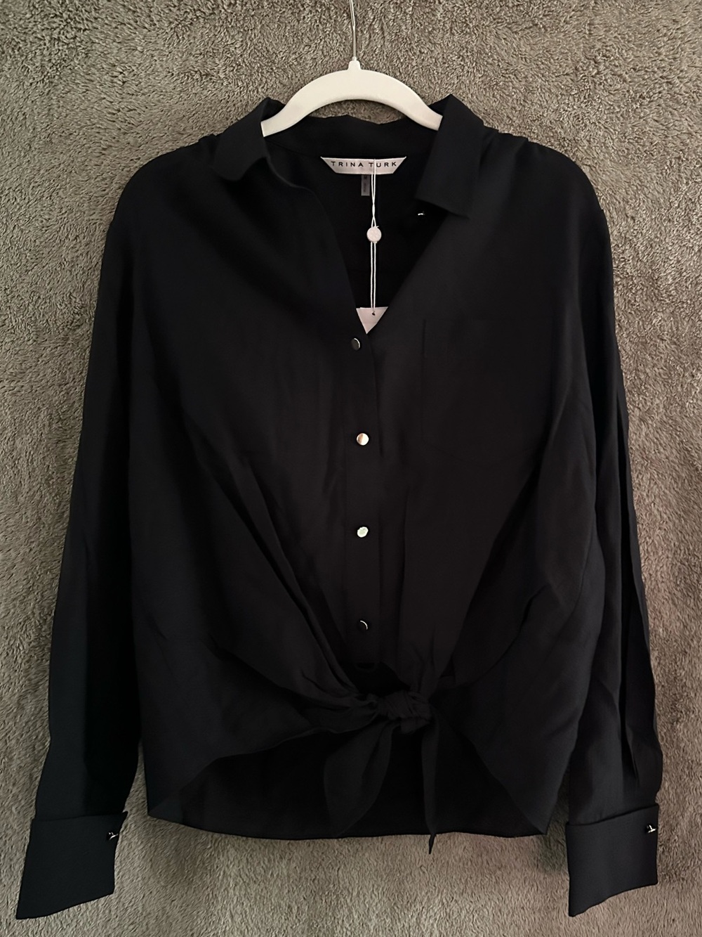 Trina Turk Black Textured Blouse with Decorative Button Cord